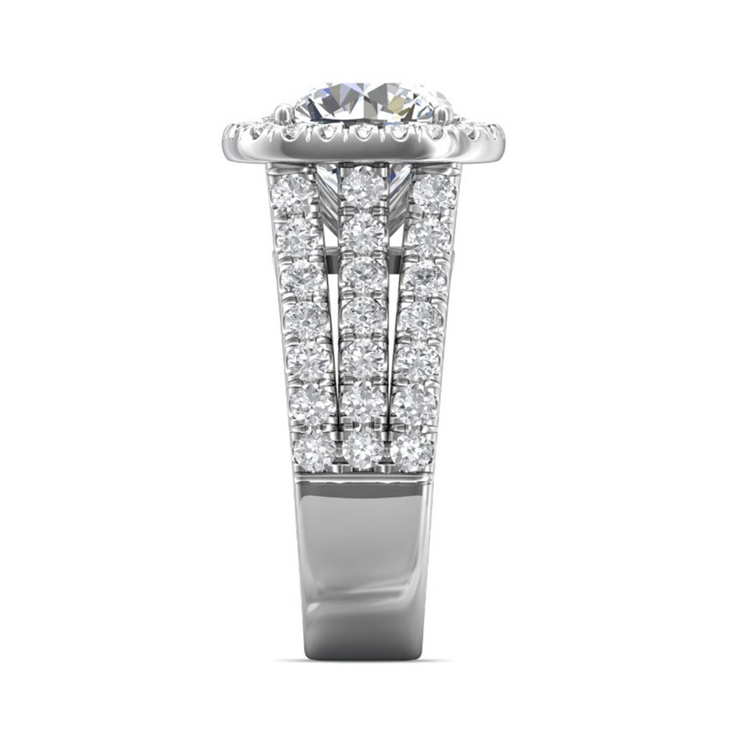 End view of a white gold halo engagement ring showing three separated pavé diamond strands joining the polished band.