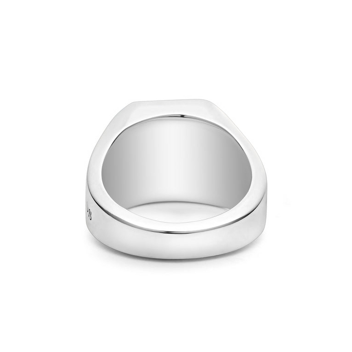 A back view of a yellow gold ring against a white background. The ring features a square gold bead motif in the middle and a thick silver band.