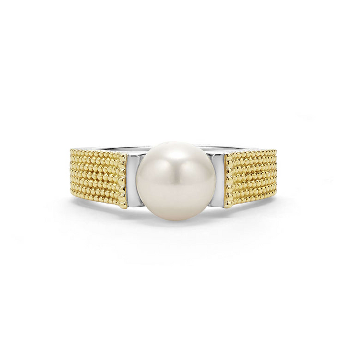 A front view of a yellow gold ring against a white background. The ring features a two-tone caviar pearl ring with 18K gold beading on the band and a sterling silver form. The pearl measures 8mm in diameter.
