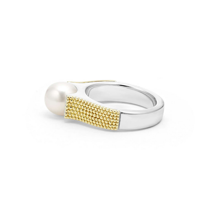 A side view of a yellow gold ring against a white background. The ring features a two-tone caviar pearl ring with 18K gold beading on the band and a sterling silver form. The pearl measures 8mm in diameter.