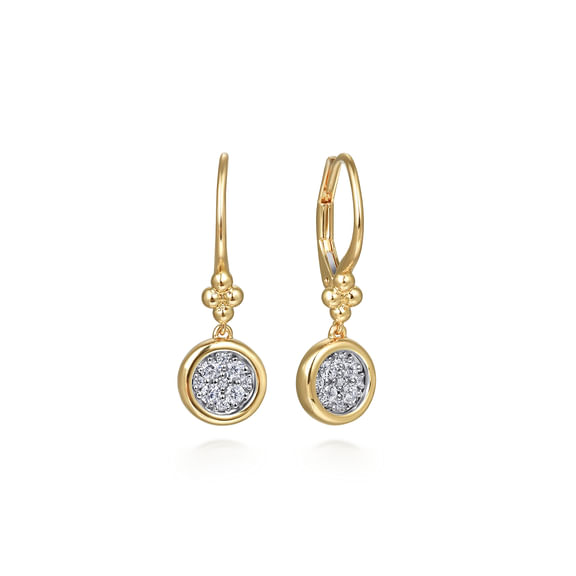 Gabriel & Co Bujukan earrings with round diamond clusters in white gold suspended from beaded yellow gold lever back