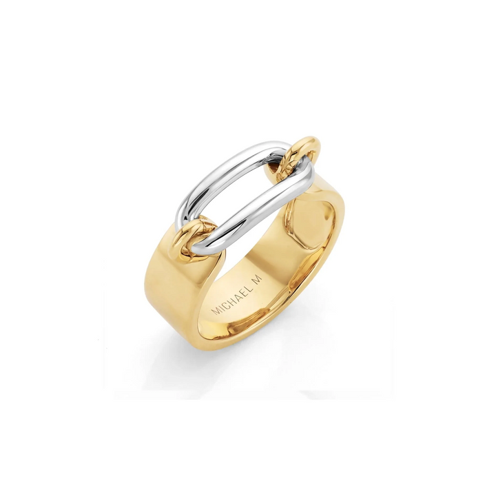 An angled view of a yellow gold & white gold ring against a white background. The ring features a polished, smooth surface of the center link and a yellow gold wide band.