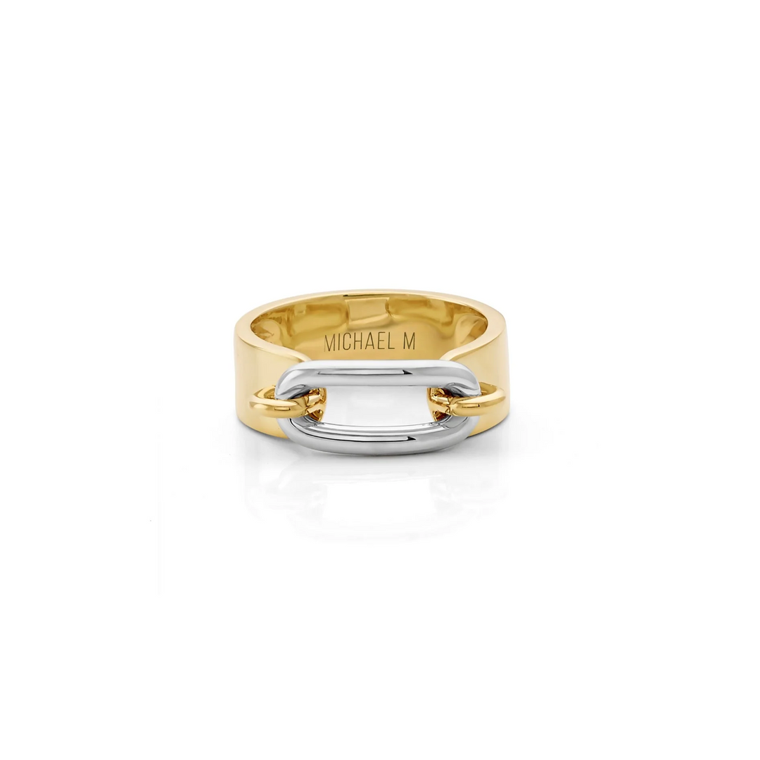A front view of a yellow gold & white gold ring against a white background. The ring features a polished, smooth surface of the center link and a yellow gold wide band.