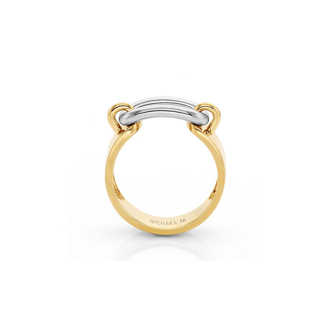 A top view of a yellow gold & white gold ring against a white background. The ring features a polished, smooth surface of the center link and a yellow gold wide band.