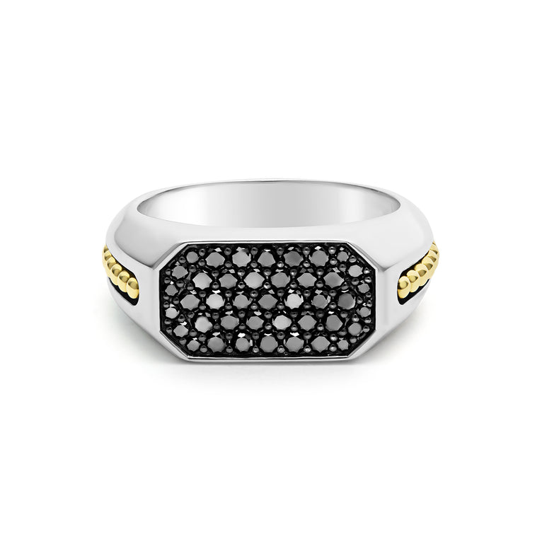 A front view of a sterling silver and 18k yellow gold ring against a white background. The ring features an octagon-shaped center piece with Black diamonds accented by sterling silver and 18K gold Caviar beading.
