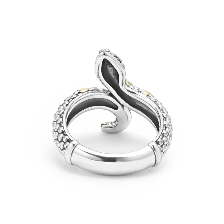 A back view of a sterling silver and 18k yellow gold ring against a white background. The ring features a snake motif with Sterling silver Caviar beading highlighted by 18K gold stations.