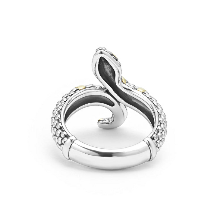 A back view of a sterling silver and 18k yellow gold ring against a white background. The ring features a snake motif with Sterling silver Caviar beading highlighted by 18K gold stations.