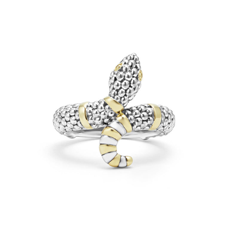 A front view of a sterling silver and 18k yellow gold ring against a white background. The ring features a snake motif with Sterling silver Caviar beading highlighted by 18K gold stations.
