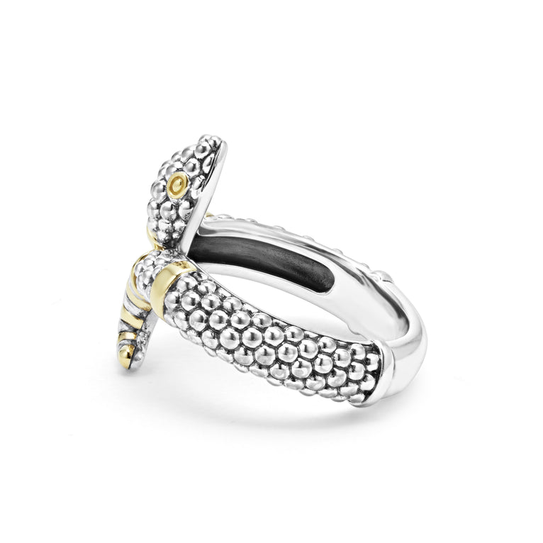 A side view of a sterling silver and 18k yellow gold ring against a white background. The ring features a snake motif with Sterling silver Caviar beading highlighted by 18K gold stations.