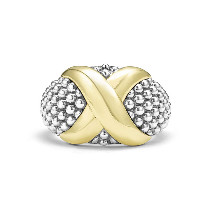 A front view of a sterling silver and 18k yellow gold ring against a white background. The ring features a two-tone dome-shaped ring with 18K gold and sterling silver caviar beading.