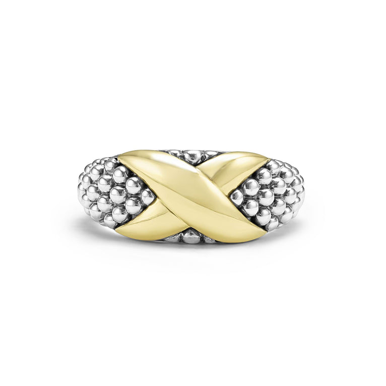 A front view of a sterling silver and 18k yellow gold ring against a white background. The ring features a two-tone ring with 18K gold and sterling silver caviar beading.
