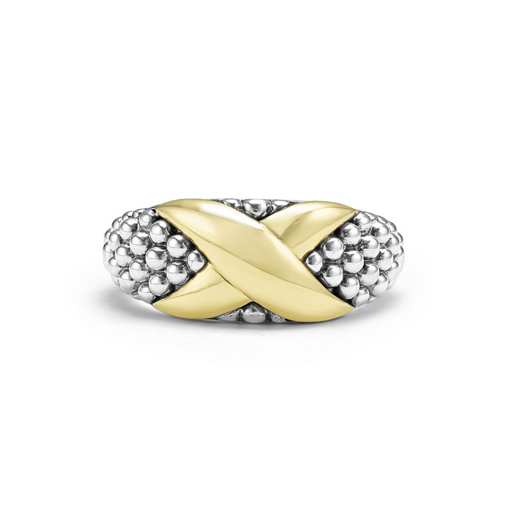A front view of a sterling silver and 18k yellow gold ring against a white background. The ring features a two-tone ring with 18K gold and sterling silver caviar beading.