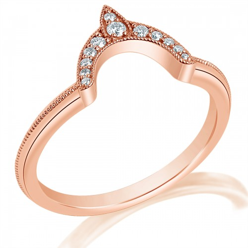 An angled view of a rose gold wedding band against a white background. The ring features a curved band with a pointed tip and is adorned with round diamonds and milgrain detailing on the edges.