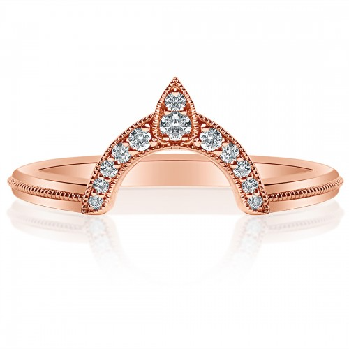 A front view of a rose gold wedding band against a white background. The ring features a curved band with a pointed tip and is adorned with round diamonds and milgrain detailing on the edges.