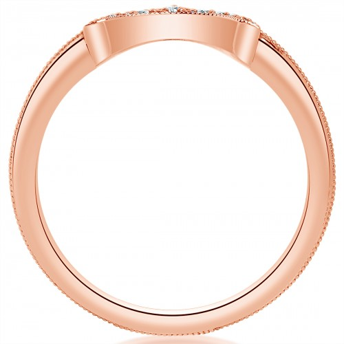 A top view of a rose gold wedding band against a white background. The ring features a curved band with a pointed tip and is adorned with round diamonds and milgrain detailing on the edges.