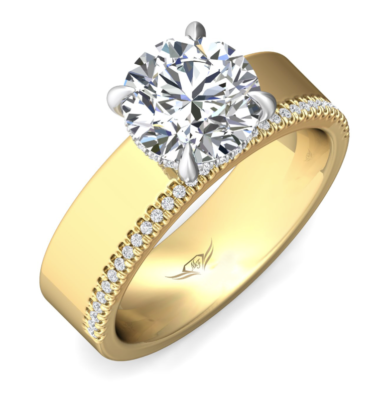 Angled view of a Martin Flyer solitaire engagement ring showing a round center diamond and pavé accents along one edge of the wide gold band.