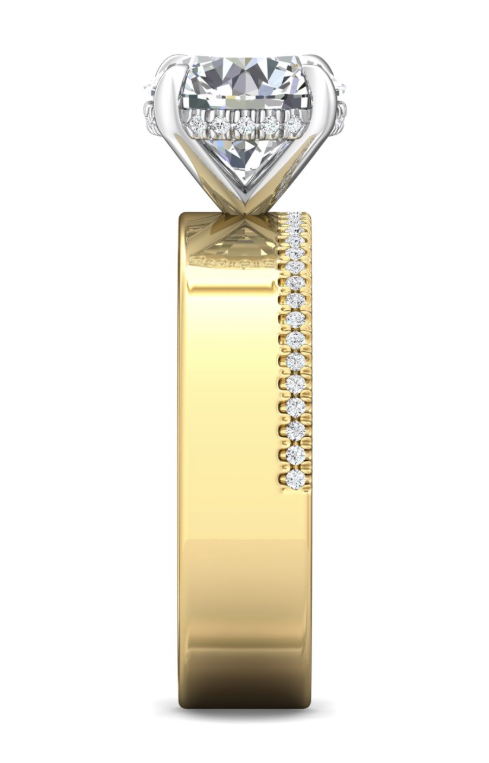 End view of a wide yellow gold engagement ring showing the raised white gold setting, hidden halo and single row of pavé diamonds.