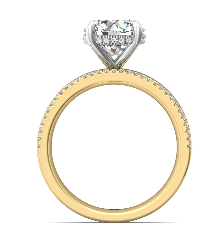 Profile view of a two-tone engagement ring showing the hidden diamond halo, open center basket and diamond-edged yellow gold band.