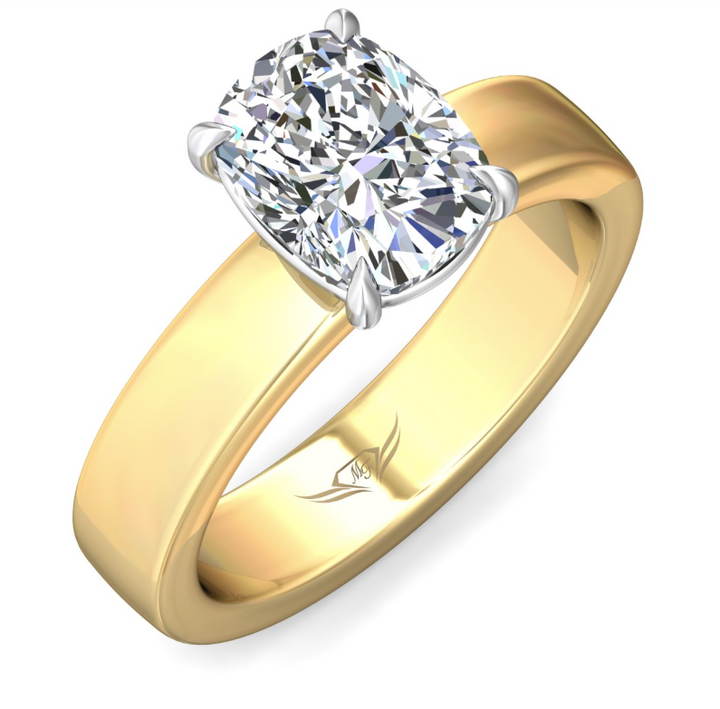 Angled view of a Martin Flyer solitaire engagement ring showing four white gold prongs and a wide polished yellow gold band.