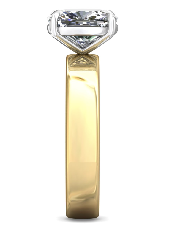 End view of a wide band solitaire engagement ring showing the raised white gold setting and flat polished yellow gold shoulders.