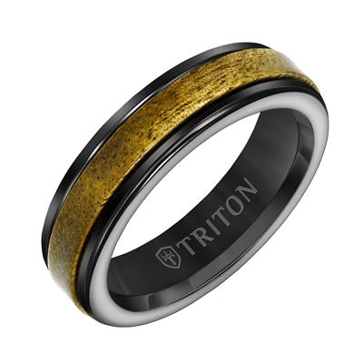An angled view of a tungsten wedding band against a white background. The ring features a unique wood insert and tungsten edges.