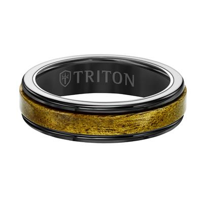 A front view of a tungsten wedding band against a white background. The ring features a unique wood insert and tungsten edges.