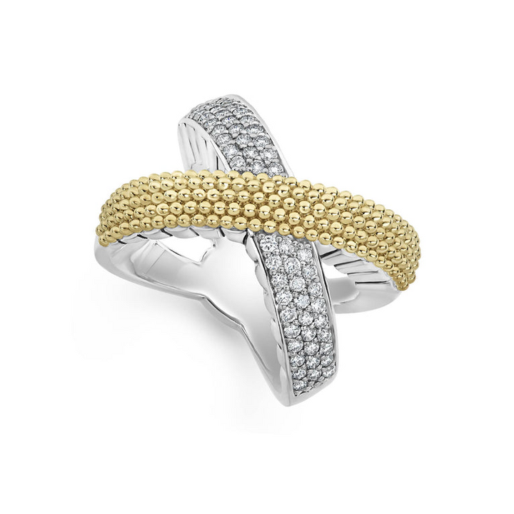 A mixed metal ring is in the middle of a white background, angled to the right. The ring features an x motif; one row is gold caviar beading, and the other has three rows of round-shaped diamonds.