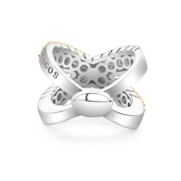 A back view of a sterling silver ring and 18k yellow gold ring against a white background. The ring features an x motif; one row is gold caviar beading, and the other has three rows of round-shaped diamonds.