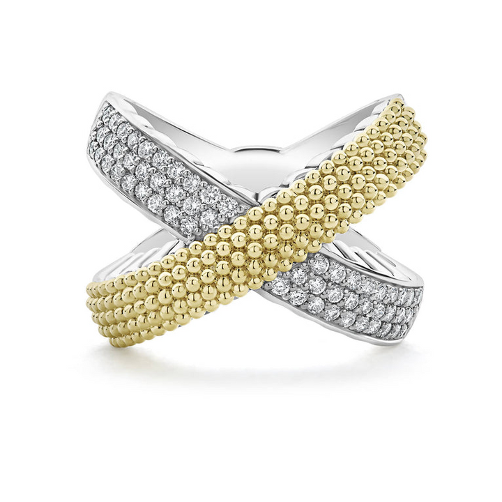 A front view of a sterling silver ring and 18k yellow gold ring against a white background. The ring features an x motif; one row is gold caviar beading, and the other has three rows of round-shaped diamonds.