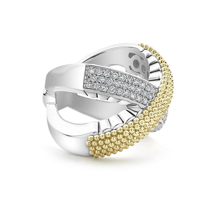 A side view of a sterling silver ring and 18k yellow gold ring against a white background. The ring features an x motif; one row is gold caviar beading, and the other has three rows of round-shaped diamonds.