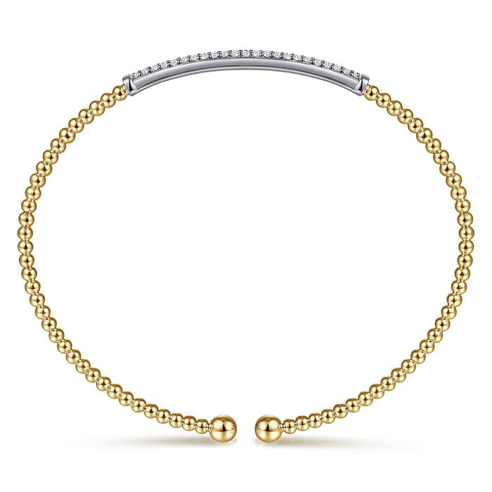 Rear view of the Gabriel & Co Bujukan split bangle showing the diamond bar setting and rounded yellow gold ends.
