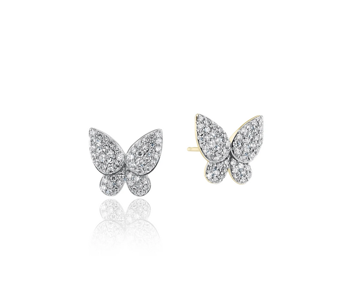 Phillips House petite butterfly stud earrings in 14K yellow gold with natural diamonds covering the curved wings.